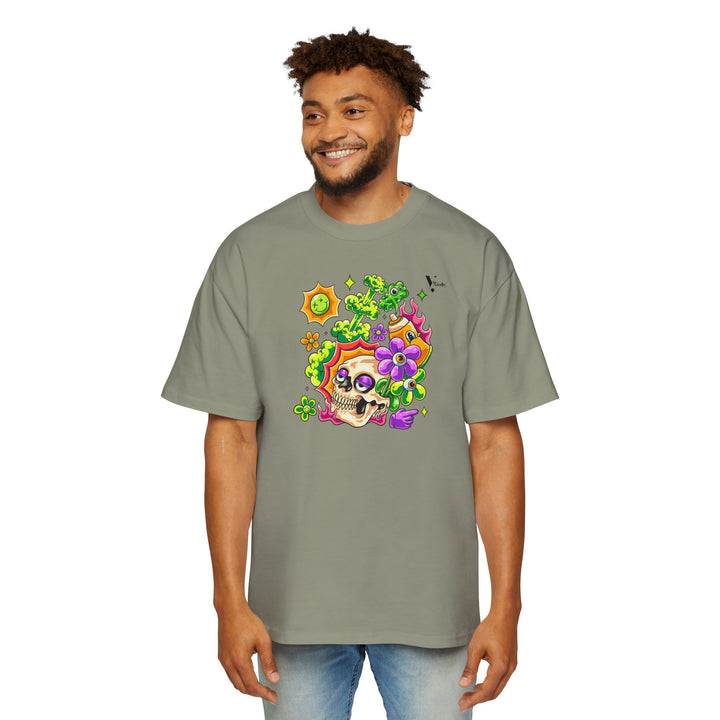 Men's Heavy Oversized Tee - Skull & Floral Design T-Shirt - Rizzlly