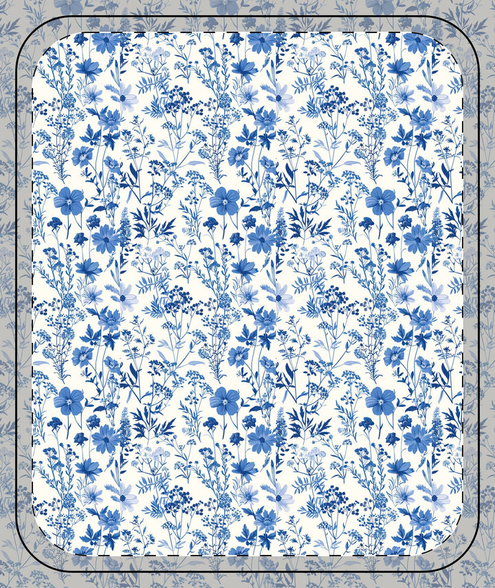 Japan-Inspired Blue Floral Sherpa Blanket
