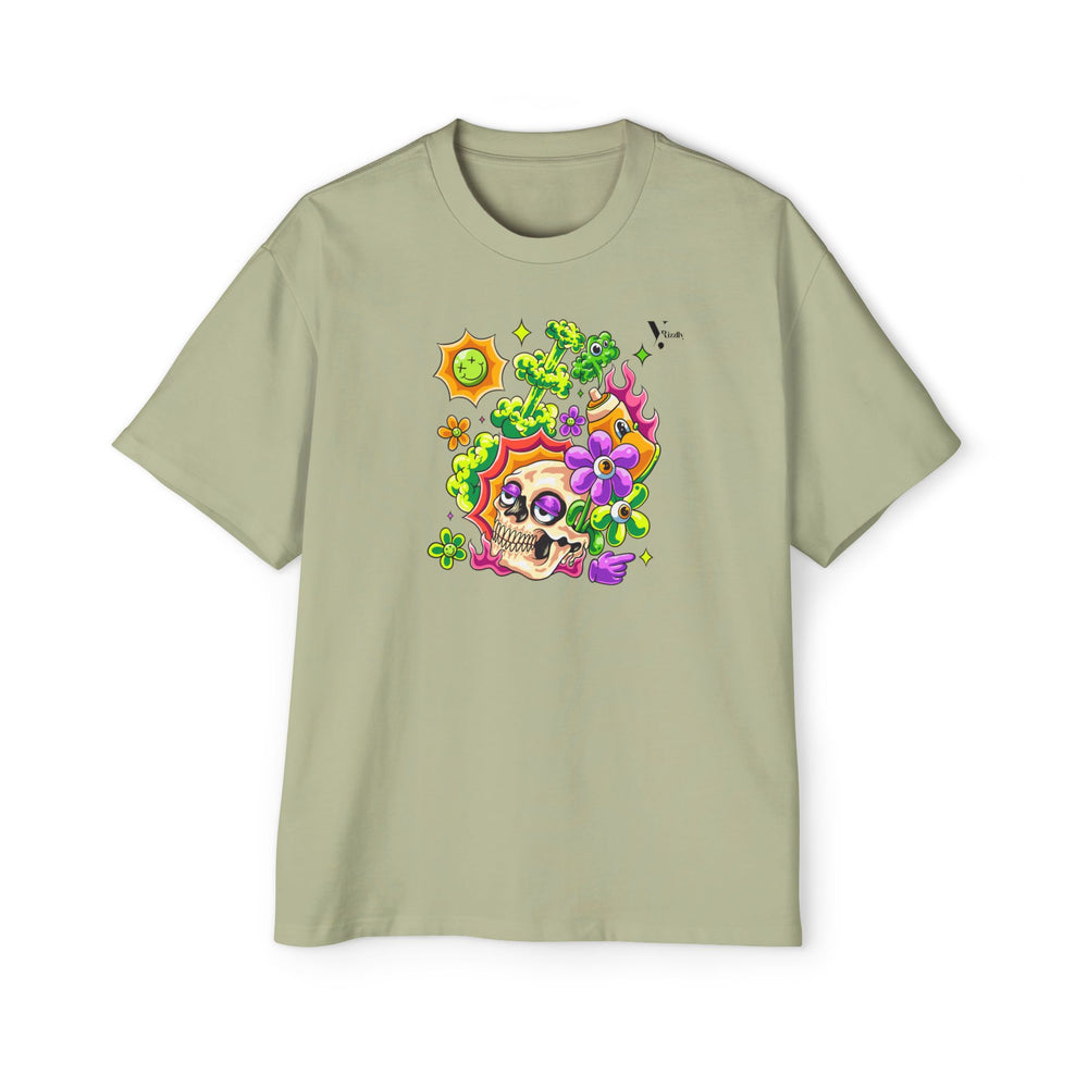 Men's Heavy Oversized Tee - Skull & Floral Design T-Shirt - Rizzlly