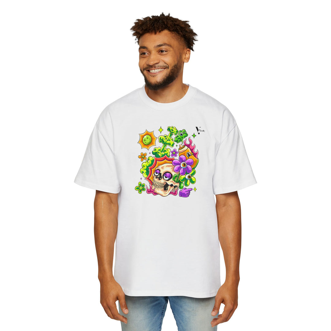 Men's Heavy Oversized Tee - Skull & Floral Design T-Shirt - Rizzlly
