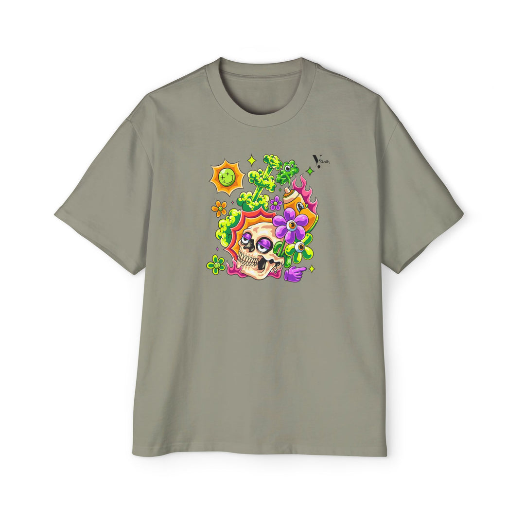 Men's Heavy Oversized Tee - Skull & Floral Design T-Shirt - Rizzlly