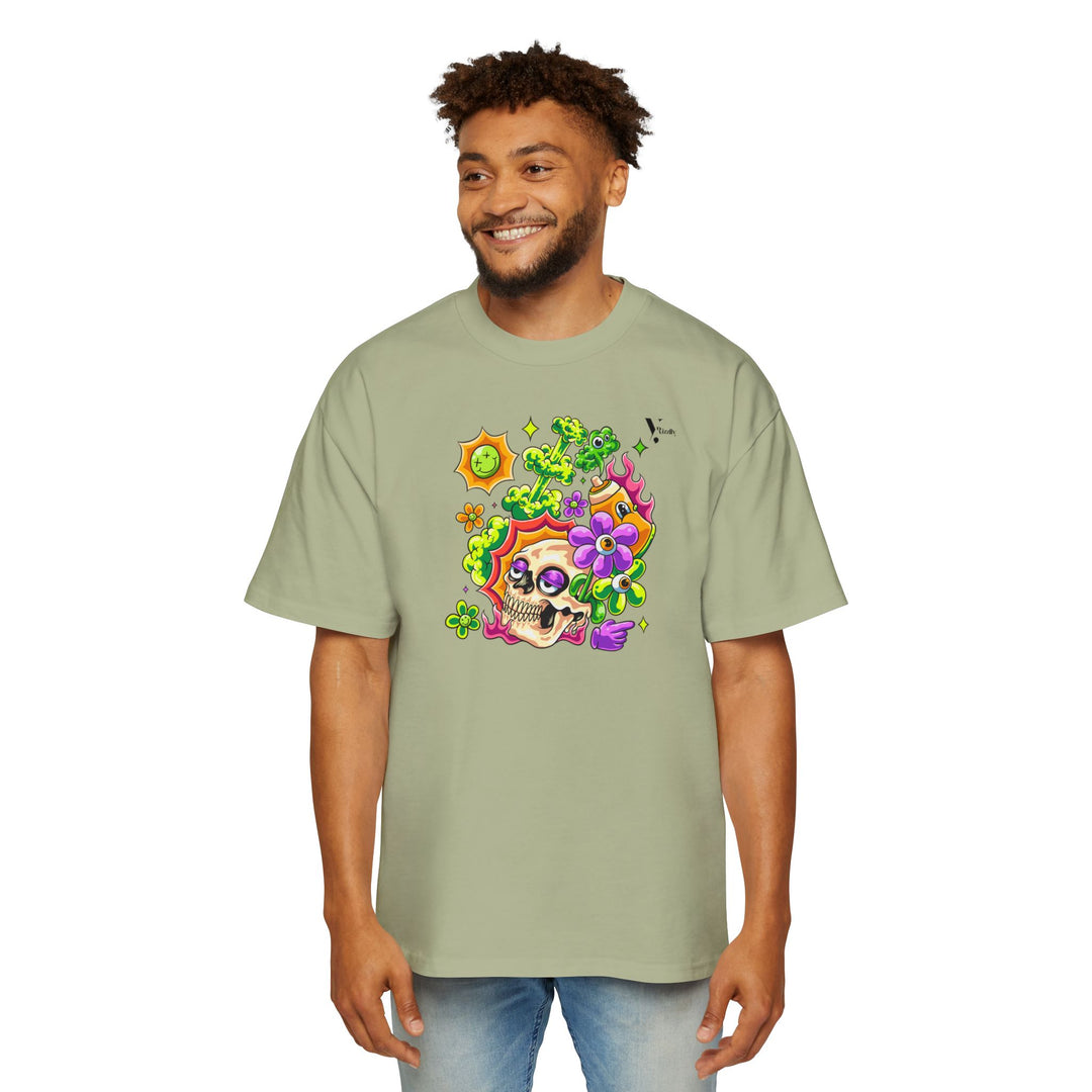 Men's Heavy Oversized Tee - Skull & Floral Design T-Shirt - Rizzlly