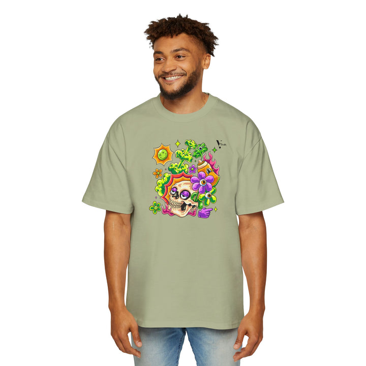 Men's Heavy Oversized Tee - Skull & Floral Design T-Shirt - Rizzlly