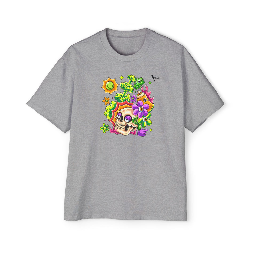 Men's Heavy Oversized Tee - Skull & Floral Design T-Shirt - Rizzlly