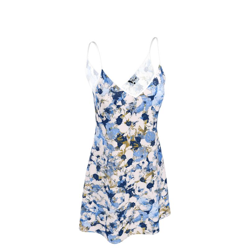 Blue Floral Lace Trim Slip Dress - Rizzlly