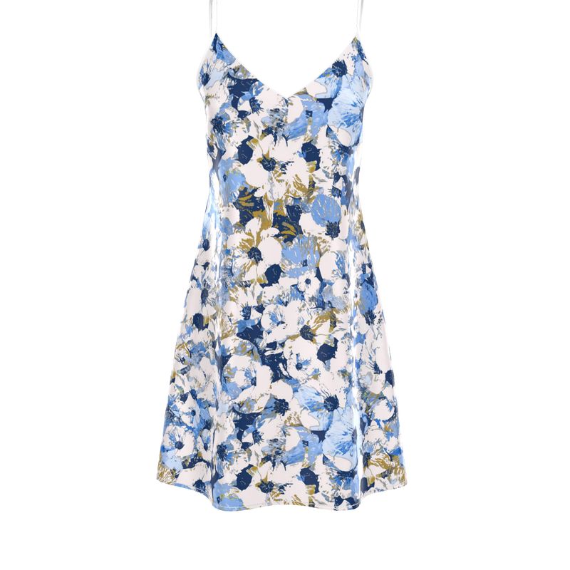 Blue Floral Lace Trim Slip Dress - Rizzlly