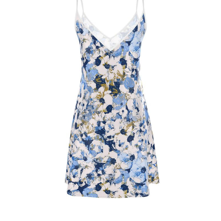 Blue Floral Lace Trim Slip Dress - Rizzlly