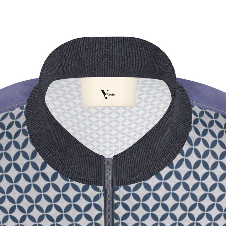 Blue Fair Isle Geometric Pattern Zip-Up Jacket - Rizzlly