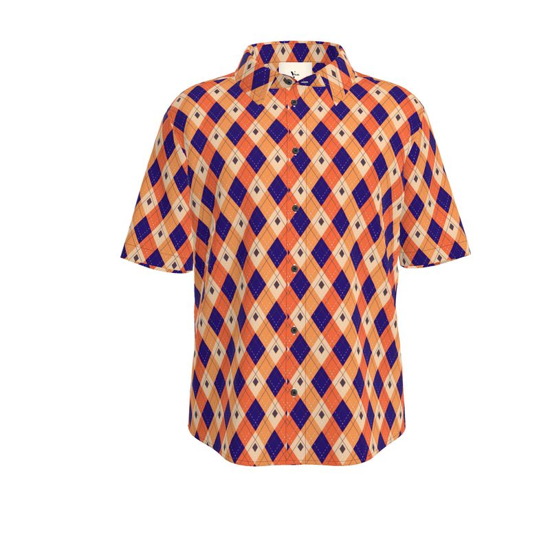 Men’s Short Sleeve Shirt – “Pop Diamond” Orange-Blue Argyle