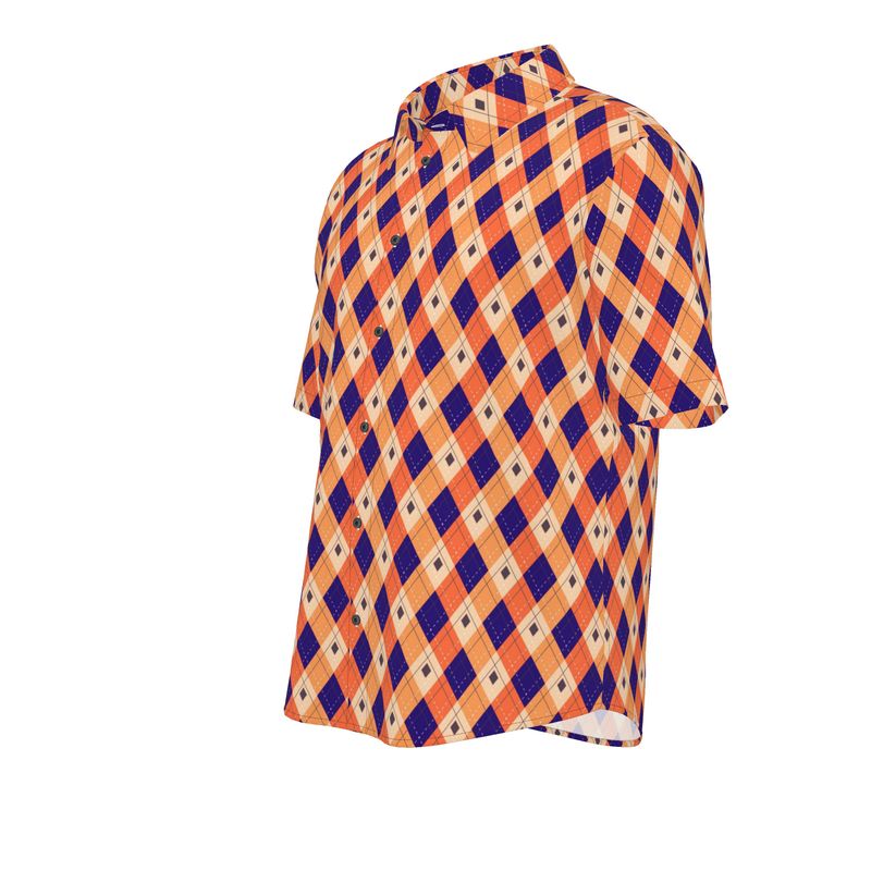 Men’s Short Sleeve Shirt – “Pop Diamond” Orange-Blue Argyle