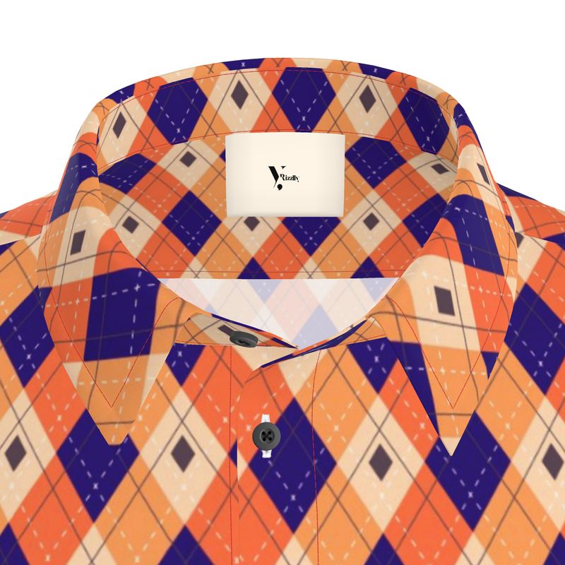 Men’s Short Sleeve Shirt – “Pop Diamond” Orange-Blue Argyle