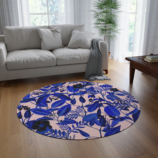 Elegant Floral Round Rug - Blue Botanical Design for Home Decor - Rizzlly